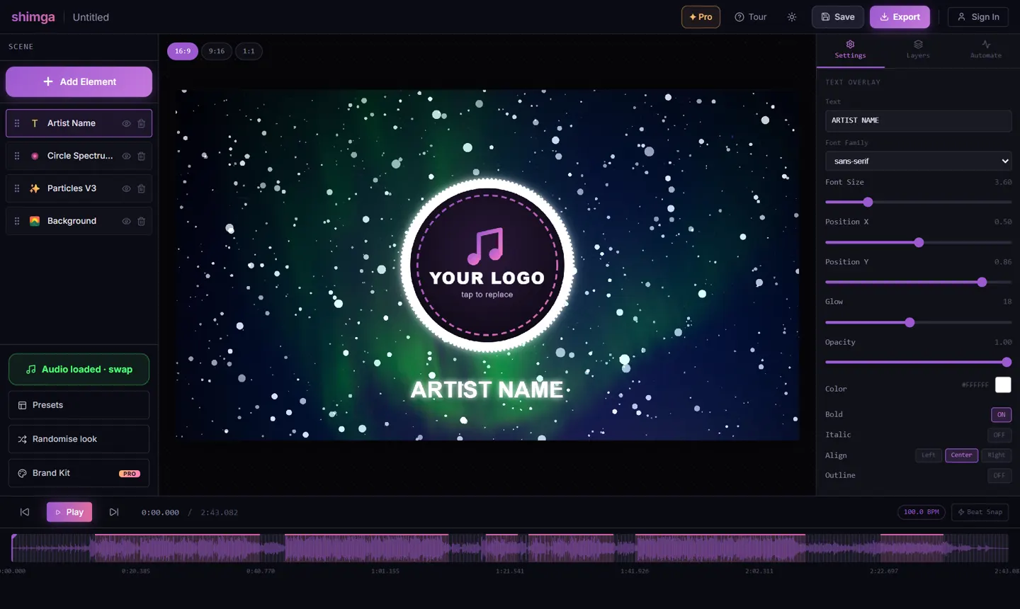 The Shimga studio editor: layers, a Pro template and its settings